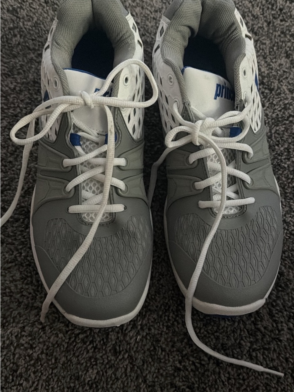 Prince Men's Gray and White Athletic Tennis Shoes with Blue Accents